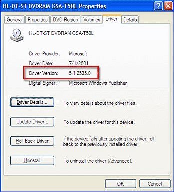 DVD drive properties with Driver version shown